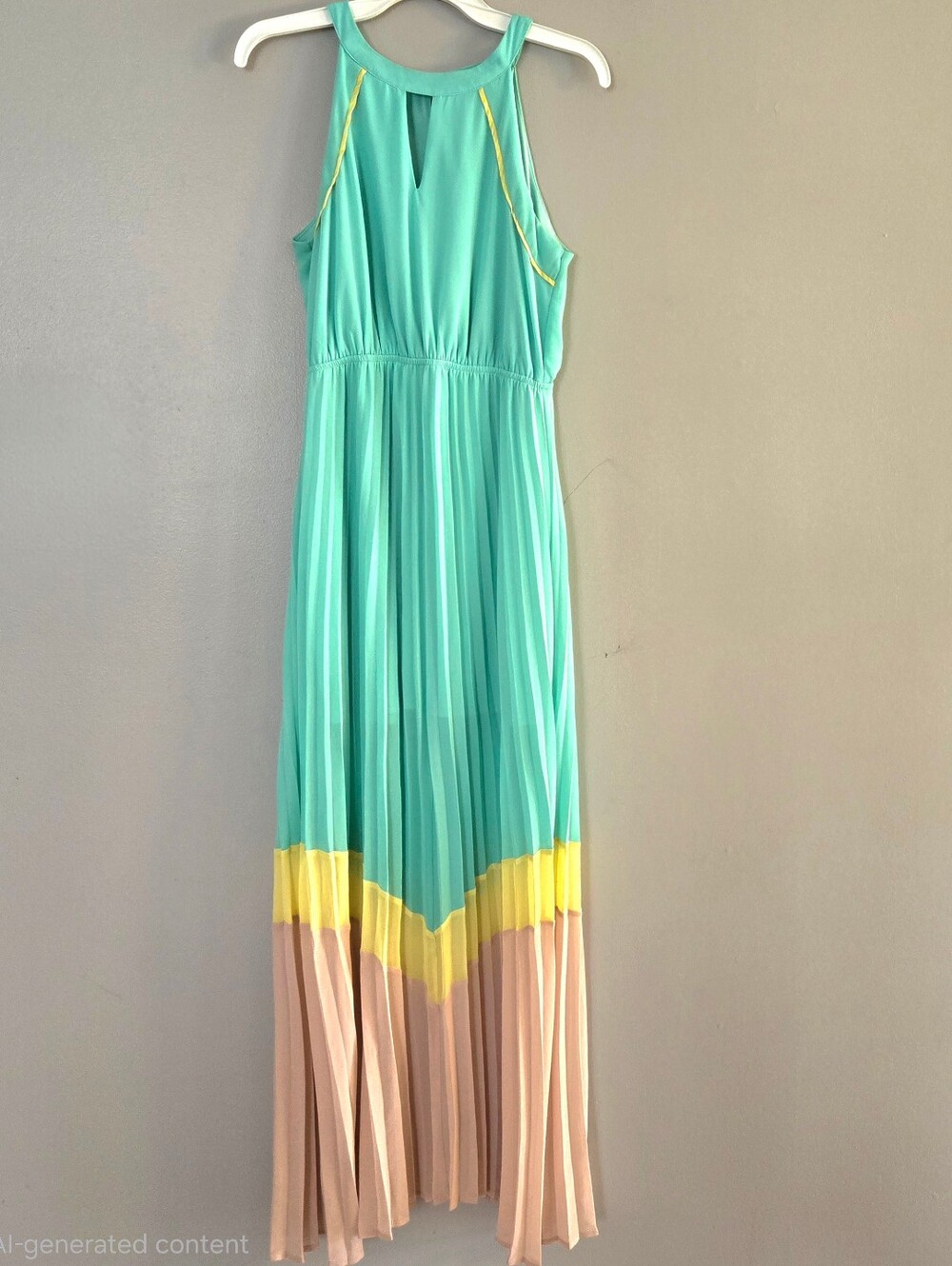 She + Sky Silk Blend Colorblock Pleated Halter Maxi Dress Mint Beige Yellow Sz M